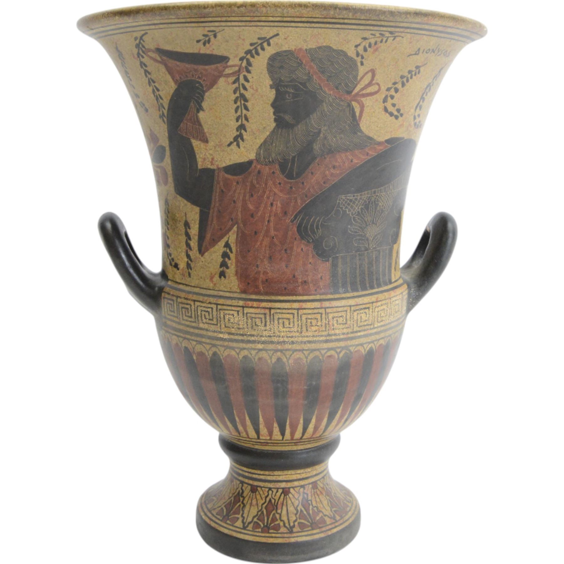 20th century Grecian urn, with twin handles and fluted rim, marked beneath 'Copy 520 BC' handmade in Greece, H31cm