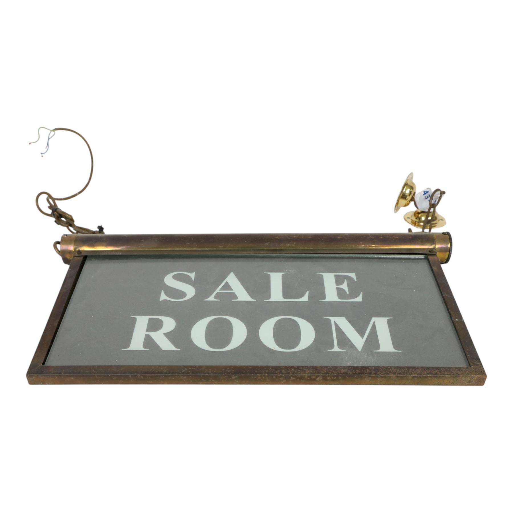 Early 20th century brass ceiling hanging illuminated sign 'sale room', H27cm, L48cm