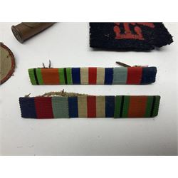 WW1 Short & Mason Ltd 'The Magnapole' black japanned brass field compass in leather carrying case; WW1 trench art paper knife inscribed Dixmude; and small quantity of cloth badges etc