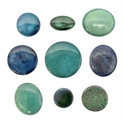Henry George Murphy (1884-1939), collection of nine Arts & Crafts glazed ceramic roundels, of circular and oval form in tones of blue, turquoise and green in soufflé and high fired finishes, largest example D6cm smallest W2.5cm