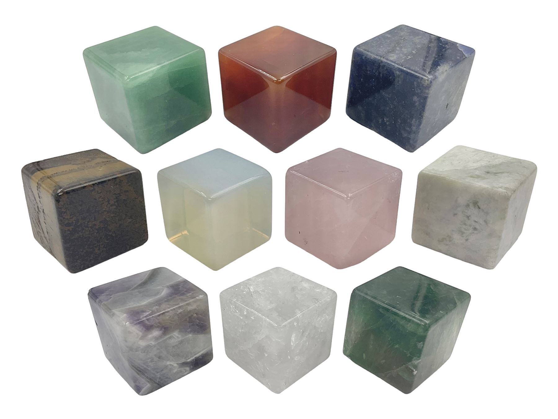 Ten cube mineral specimens, each cut and polished to highlight natural formations, including tiger eye, green aventurine, rose quartz, opalite, amethyst etc, H3cm 
