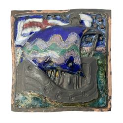 Henry George Murphy (1884-1939), large Arts & Crafts enamel panel, of square form decorated with a stylised ship, upon a green and blue ground, H7cm W7cm  