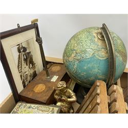 Assorted collectables, to include Deco style glass ceiling shade, green painted metal shade, leaded glass wall shade, table lamp, part balance scales, globe, etc., in two boxes 