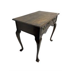 Georgian oak lowboy side table, fitted with thee drawers, brass loop handles, Cabriole leg with spade feet