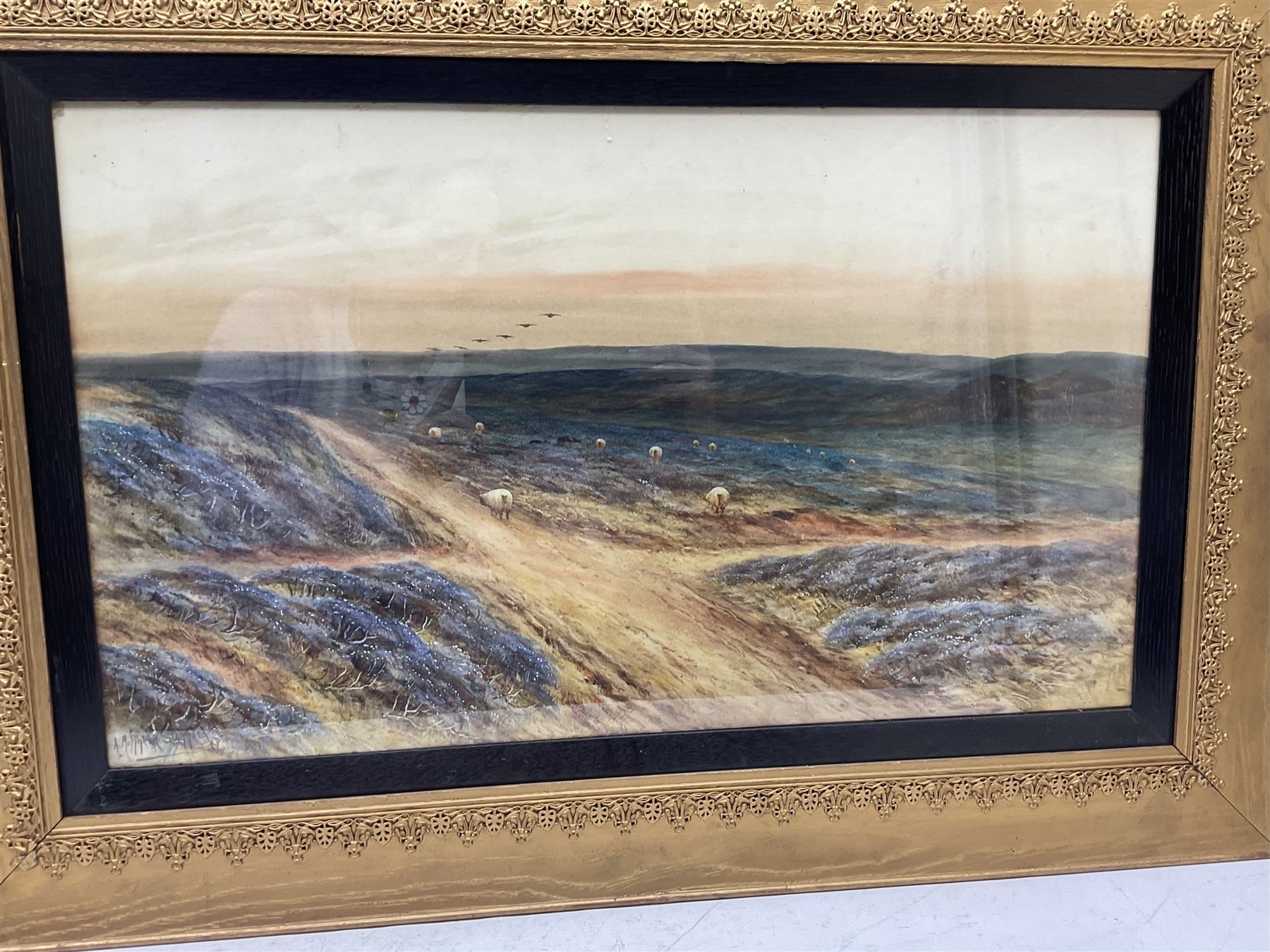 Alexander Molyneux Stannard (British 1898-1975): Horse and Cart through Moors and Moorland Sheep Landscape, pair watercolours signed 37cm x 63cm (2)