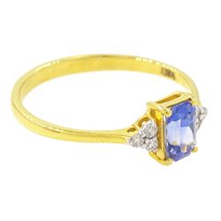 14ct gold Ceylon sapphire and diamond ring, single radiant cut sapphire of approx 0.75 carat, with three round brilliant cut diamonds set either side, stamped
