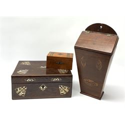 A 19th century rosewood and mother of pearl inlaid jewellery box, L30cm, together with a George III style mahogany candle box, and a 19th century money box with printed inlay effect banding to the hinged cover, L14.5cm