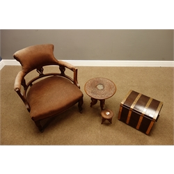  Small oak and metal bound box, two small carved tables, and an Edwardian tub shaped upholstered chair  