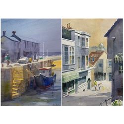 John Bastin (British 1929-): 'Lyme Regis Harbour Looking West' and Street Scene, pair watercolours signed 36cm x 27cm (2)