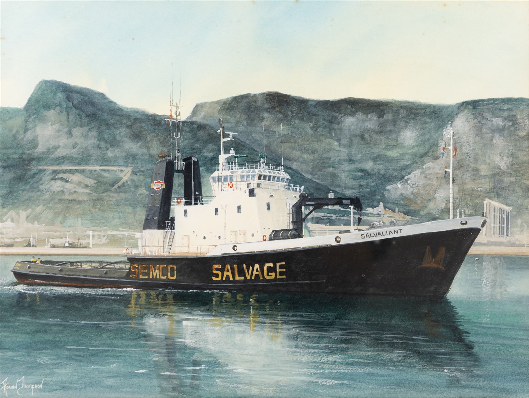 Adrian Thompson (British 1960-): Salvaliant - 1987 Semco Salvage tug boat, watercolour heightened with white signed 35cm x 46cm