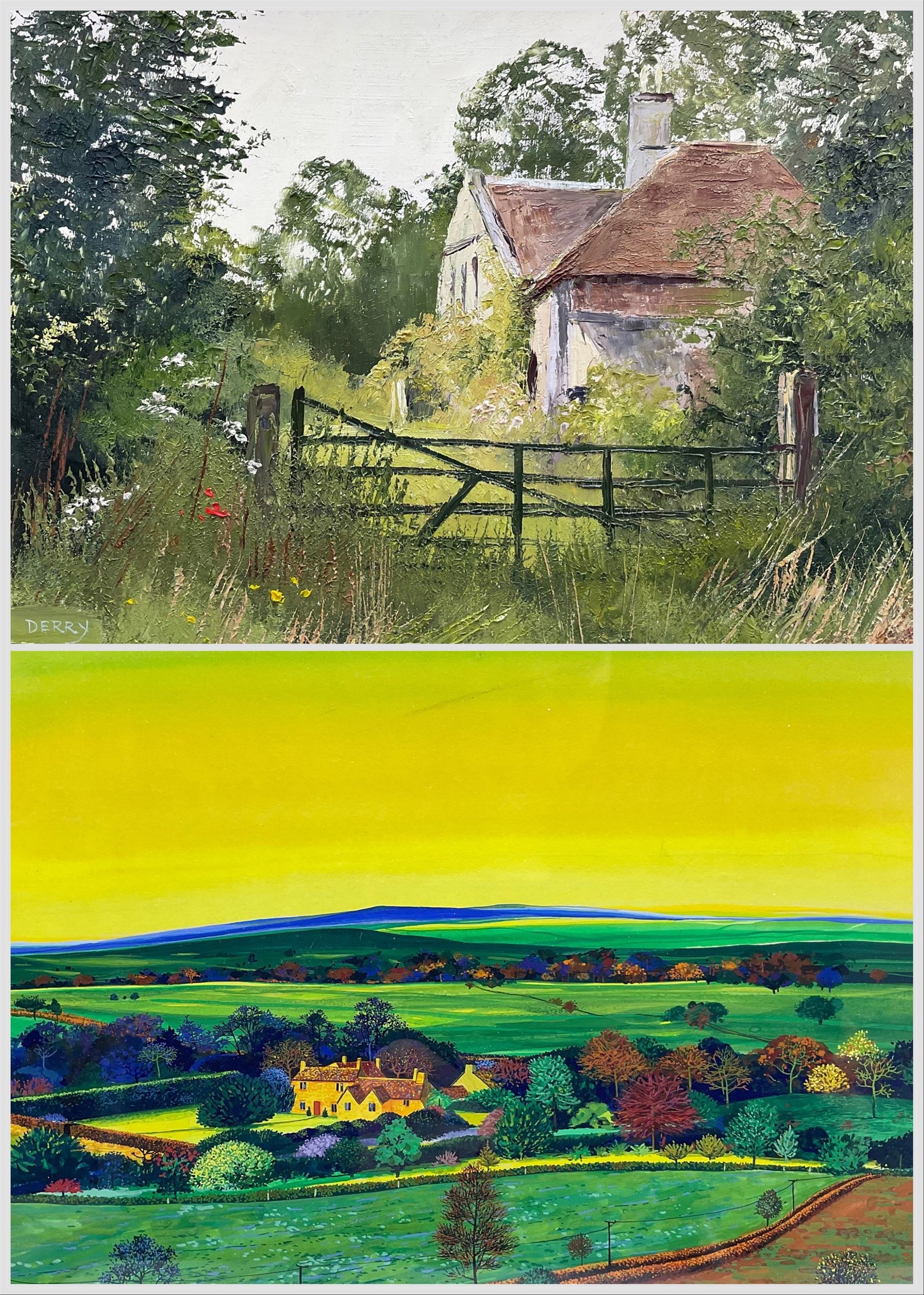 Pamela Derry (British 1932-2002): 'Forgotten and Overgrown', oil on board signed, titled on gallery label verso 22cm x 34cm; Helen Pollock (New Zealand 1945-): 'October', gouache signed, titled and dated 1981 verso 23cm x 29cm (2)