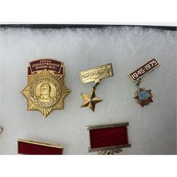Nineteen Russian Soviet Tank Commemoration badges and medals, in small display case