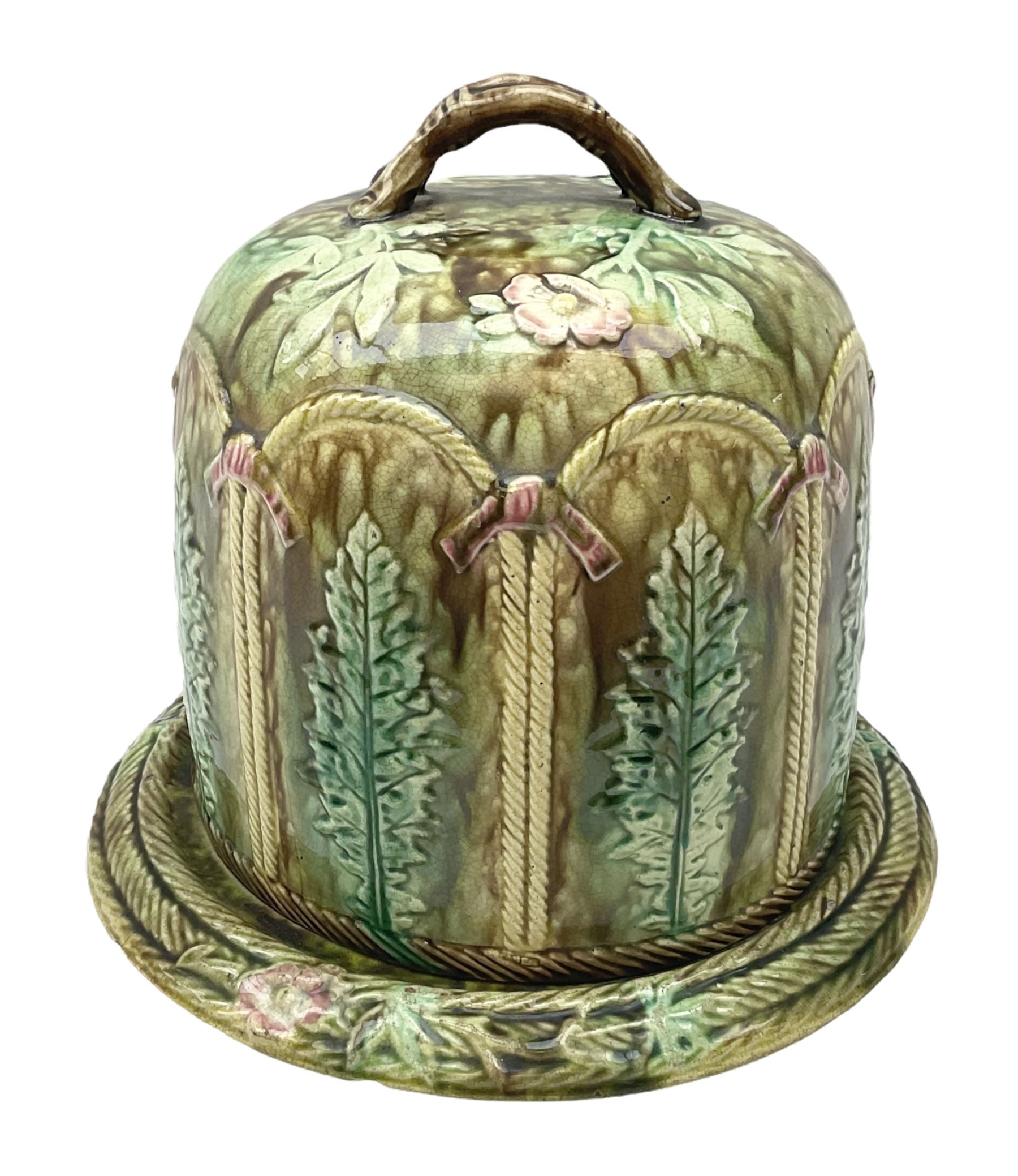 Victorian Majolica cheese dome and dish, decorated with a band of stiff leaf pattern in the Whieldon type pallet, H30cm