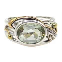 Silver and 14ct gold wire green amethyst ring, stamped 925