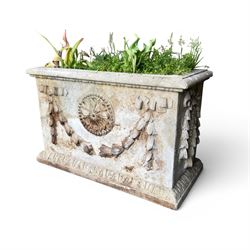 Haddon stone - cast rectangular planter, swag and motif detail, planted