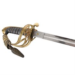 British 1822 pattern, named, infantry officers' sword, the 82cm slightly curved and fullered single edged blade engraved on both sides, bears the Victorian coat of arms and the owners initials 'GB', ricasso marked Grindlay & Co London, the brass basket guard with Victoria cartouche and fold down rear flap, shagreen bound grip with original wire binding and gilt sword knit, with brass scabbard, twin suspension rings and steel chape mount, overall L102cm  