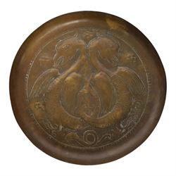 W H Mawson for Keswick School of Industrial Arts copper dish, embossed with two dragons an...