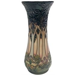 Moorcroft vase, of waisted cylindrical form, decorated in the Cluny pattern designed by Sally Tuffin, with impressed and painted marks beneath, including date symbol for 1995, H21cm.