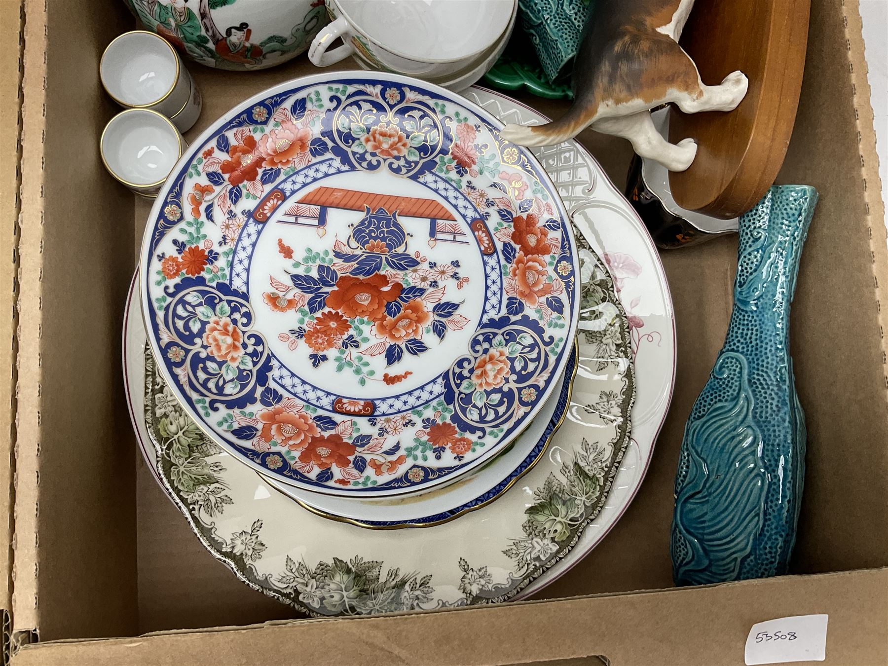 Quantity of ceramics, to include Royal Albert Old Country Roses coffee pot and large bowl, Villeroy & Boch, Wedgwood Majolica, Kalocsa of Hungary, Beswick Basset Hound, Herend of Hungary, mid century vase of tapering form with orange and black striped decoration, etc in three boxes