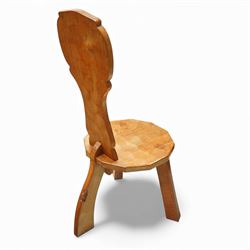Gnomeman - oak spinning chair, shaped adzed back with carving of a Yorkshire rose, adzed seat with wedged through tenons, on square chamfered supports, signature carved Gnome by Thomas Whittaker of Littlebeck
