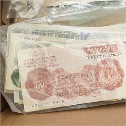 O'Brien 10/- note, English, Scottish and other bank notes, stamp albums and loose stamps