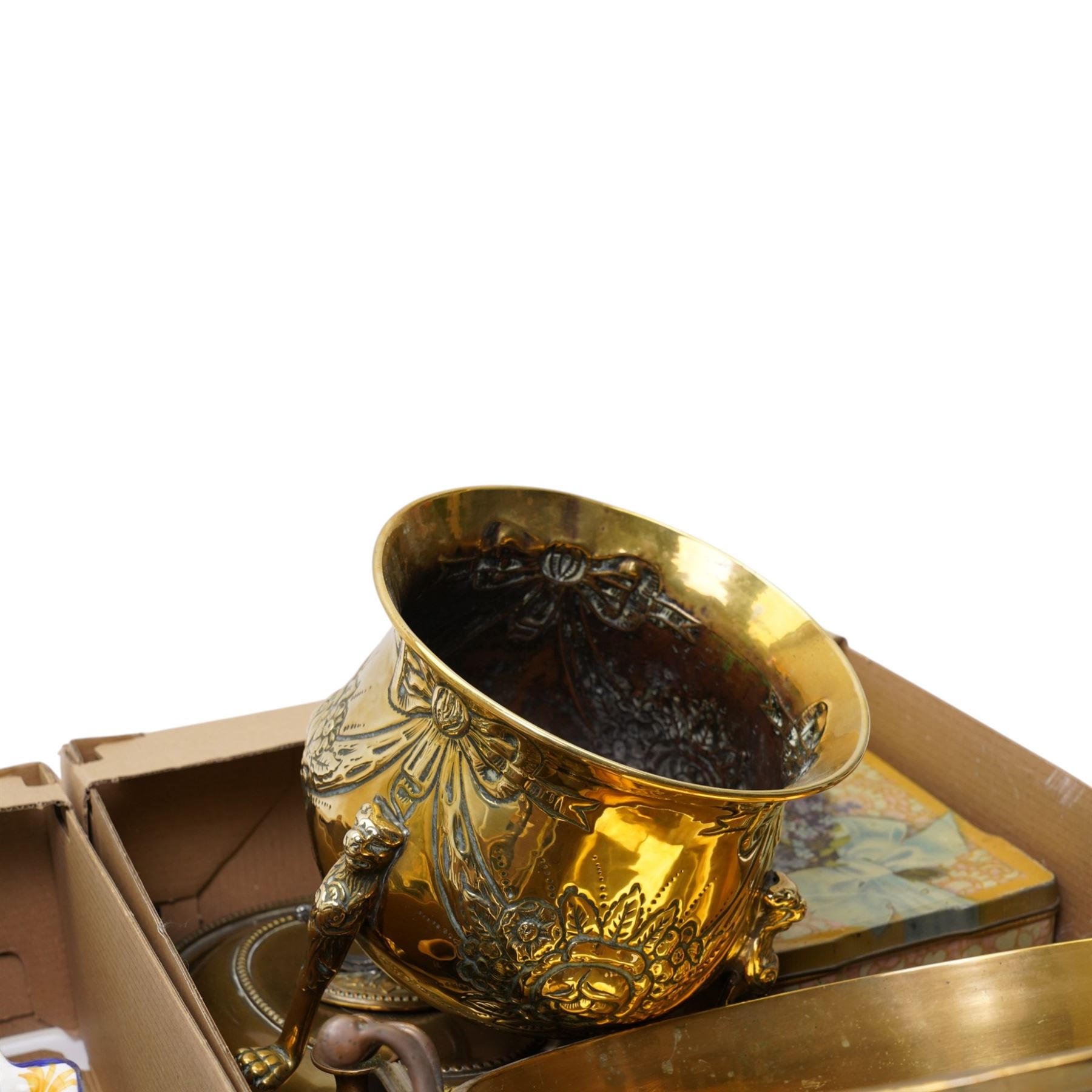 Brass two handled pan, various Portuguese decorative plates, brass jardiniere etc