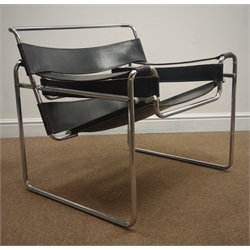  After Marcel Breuer - late 20th century 'Wassily' design armchair, polished tubular metal frame with black leather seat back and arms   