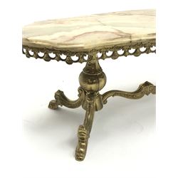 1970s coffee table with shaped onyx top on ornate gilt metal base, 116cm x 49cm, H44cm