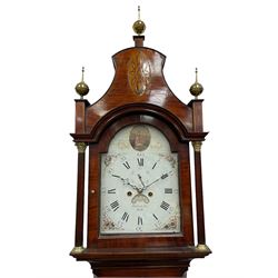 Denton & Fox of Hull – Early 19th century mahogany 8-day longcase clock c1802, pagoda pediment with an oval inlay and three ball and spire finials, break arch painted dial and hood door flanked by reeded pilasters with brass Corinthian capitals, long trunk door with conforming break arch top on a rectangular plinth raised on bracket feet, early Wilson (Birmingham) dial with Roman numerals, five minute Arabic’s and minute dots, subsidiary seconds dial and calendar aperture, with matching steel hands, floral spandrels within raised gesso work and a conforming oval depiction of a young maiden and dog to the break arch, dial pinned via a falseplate to a rack striking movement with a recoil anchor escapement striking the hours on a cast bell. With pendulum and weights.
Joseph Denton was a respected and prolific Hull clock maker working in Scale Lane Hull 1779 and Silver Street 1782-1814. Entering a short-lived partnership with Charles Fox from Beverley in 1802.
