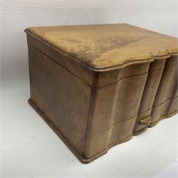 Art Deco walnut box, of rectangular form with moulded shaped front, opening to reveal compartmentalised interior with removable tray, with one draw to base, H18cm, W32cm, D25cm