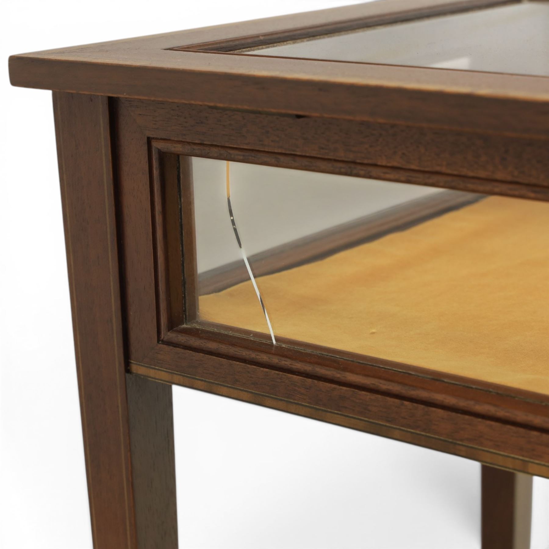 Edwardian inlaid mahogany bijouterie display table, square tapering supports inlay, orange baize lining shaped undertier