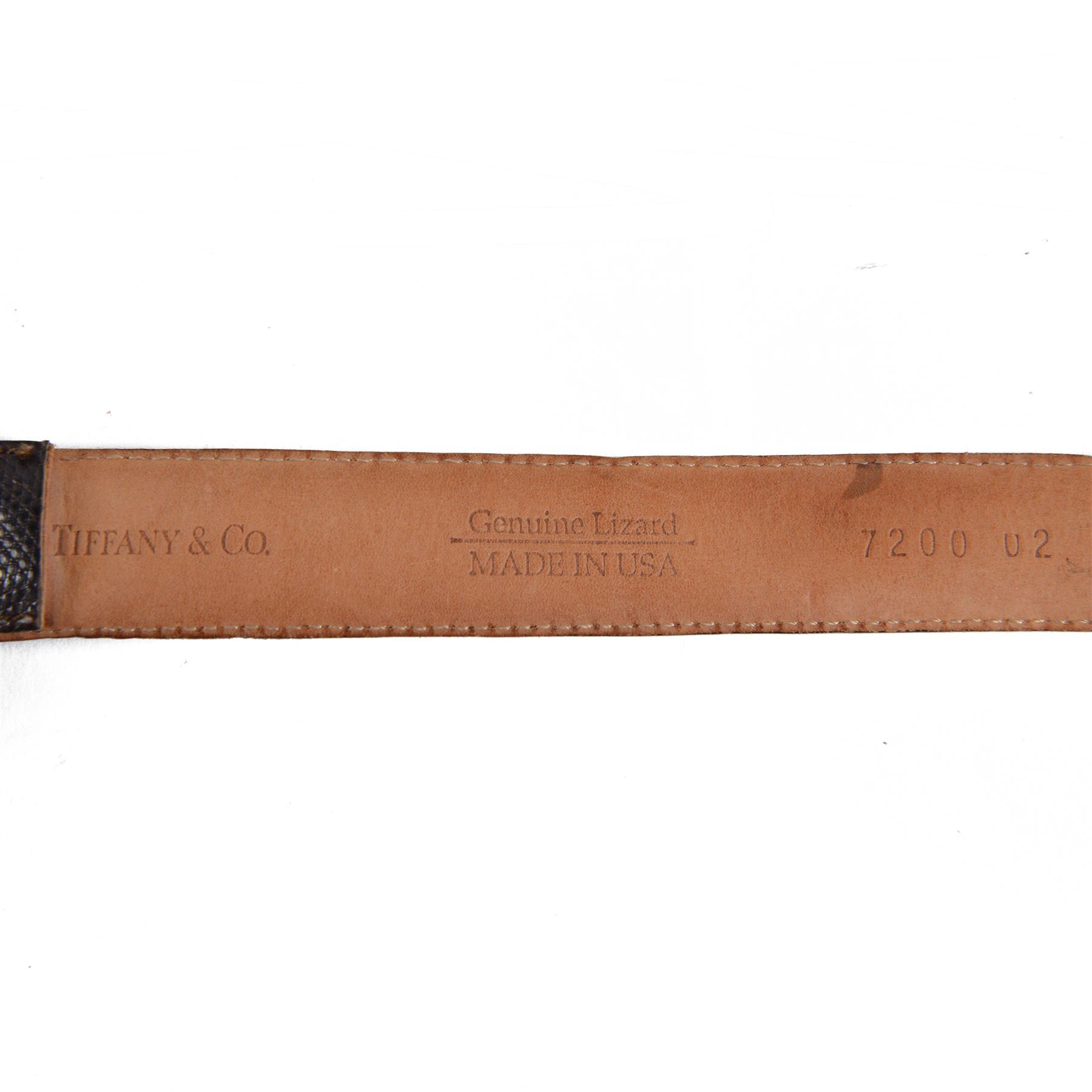 Tiffany & Co. brown lizard leather belt, stamped Tiffany & Co., Genuine Lizard, Made in USA, fitted with an Hermes style gold-tone H-shaped buckle, belt length 123cm