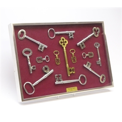  Framed display of thirteen 18th and 19th century graduated steel and brass lock keys including four cloister keys. polished metal frame 31 x 46cm, from the collection of the late Maurice Harland Yorkshire locksmith  