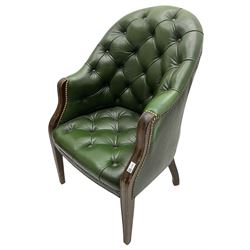 19th century design mahogany framed chesterfield library chair, upholstered in buttoned green leather with studwork, on square tapering supports