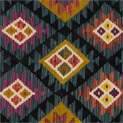 Chobi flatweave kilim runner with a repeating nested diamond medallion design in live green, rust, teal, purple, and ivory, framed by  a multicoloured geometric border