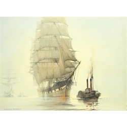 Edward Beckett (British 1920-2005): Tall masted Ships under Tow, oil on board signed 34cm x 46cm  DDS - Artist's resale rights may apply to this lot  