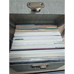 Large collection of vinyl LPs, together with a small collection of 7 inch vinyl records and CDs, with a Dansette record player and a small Hi-Fi cabinet