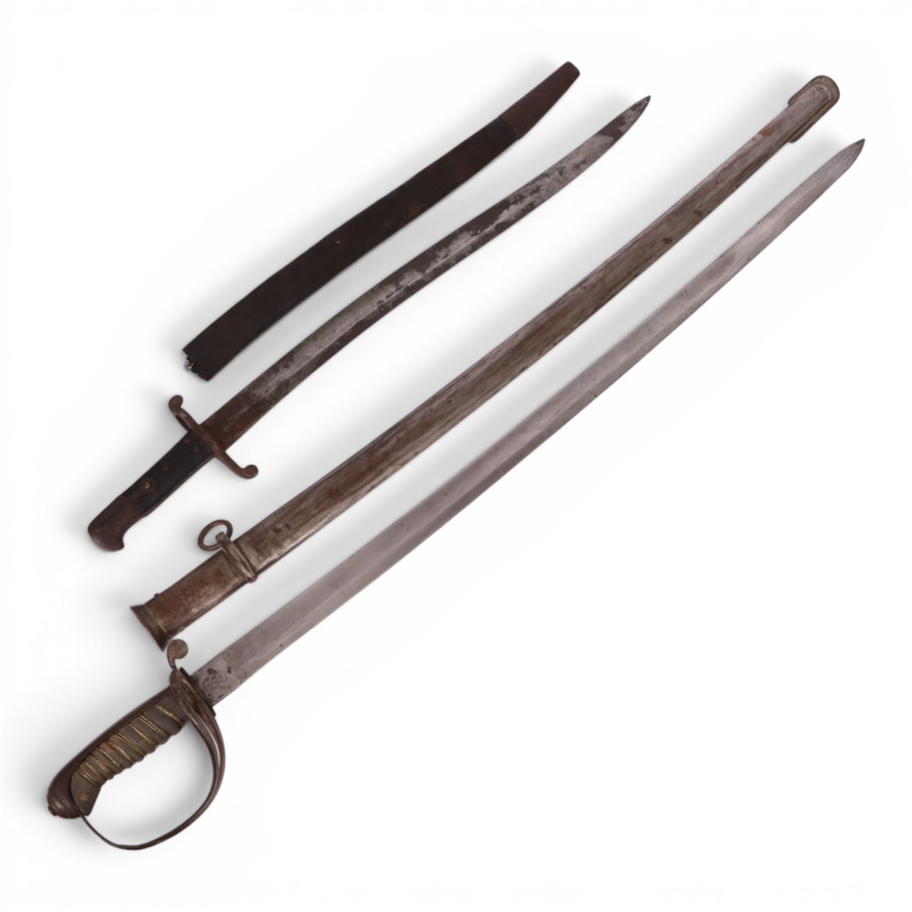 Sword, the 86cm single edged blade marked Toledo with metal scabbard, together with  Yataghan bayonet