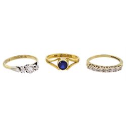 Gold three stone diamond ring, stamped 9ct Plat, 22ct gold synthetic sapphire ring, Birmingham 1932 and a 9ct gold diamond half eternity ring, both hallmarked