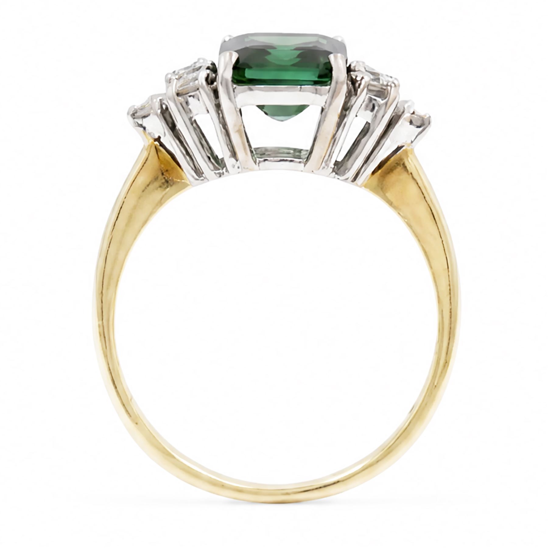 18ct gold green tourmaline and diamond ring, single octagonal cut tourmaline of approx 2.15 carat, with three round brilliant cut diamonds set either side, total diamond weight approx 0.30 carat