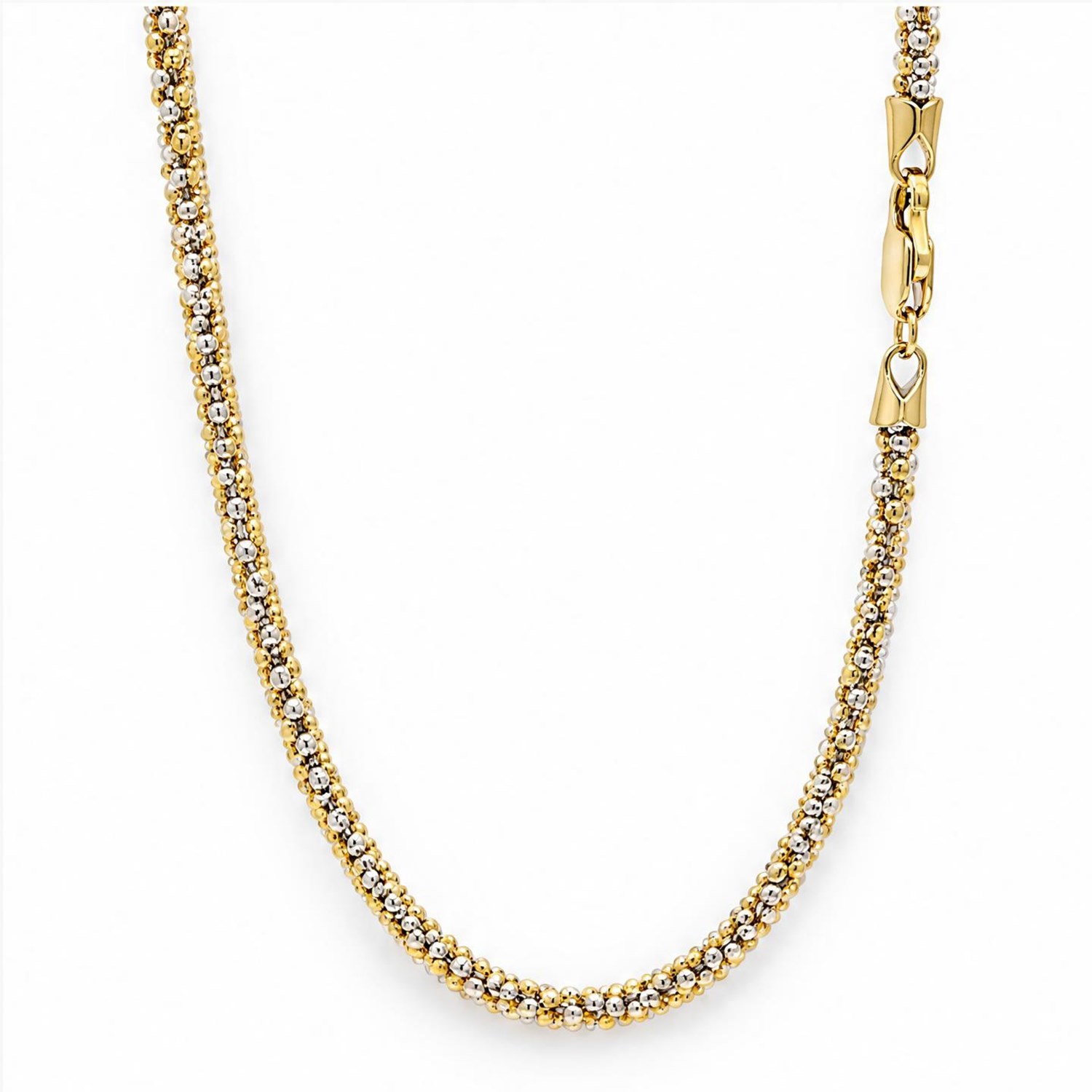 18ct white and yellow gold bead link necklace, stamped 750