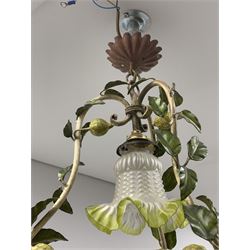 A toleware light fitting modelled with fruiting lemon vines around a frilled glass shade, approximately H48cm