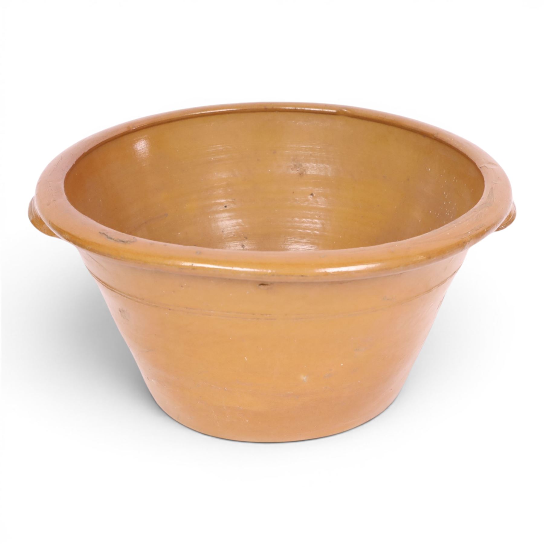 19th century tan twin handled pancheon, of tapering circular form, H26cm, D51cm