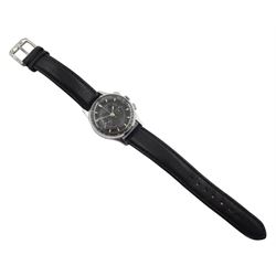 Sekonda USSR chronograph stainless steel wristwatch, 19 jewels manual wind Poljot lever movement, cal. 3017, two dials for seconds and 45-minute register, outer tachymeter and inner telemeter scales, case with buttons in the band to operate chronograph, on black leather strap