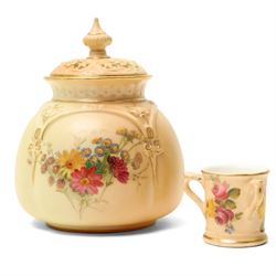 Royal Worcester two handled baluster vase painted with roses H19cm date code 1898, Worcester blush ivory pot pourri decorated with flowers, two blush ivory jugs, a similar vase H15cm and a miniature loving cup