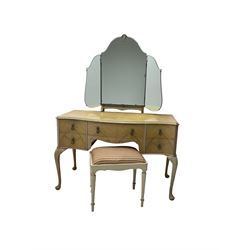 F Wrighton & Sons Ltd -  French style painted serpentine dressing table, with triple mirror back, on cabriole supports (106cm x 55cm x 135cm), and F Wrighton & Sons Ltd - French style narrow double wardrobe (92cm x 54cm x 187cm)