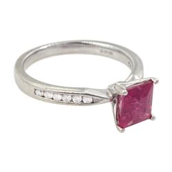 18ct white gold square cut ruby ring, with round brilliant cut diamond set shoulders, hallmarked, ruby approx 1.25 carat