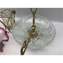 20th century moulded glass and gilt centre piece bowl with carrying handle and ornate trefoil base, together with frilled cranberry edge glass comport with ornate gilt base, and further centre piece with  large glass handle of twisted form, tallest H54cm
