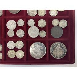 Great British and World coins including King George V 1935 crown, various silver three pence pieces, United States of America 1944 quarter dollar etc, housed in a coin tray
