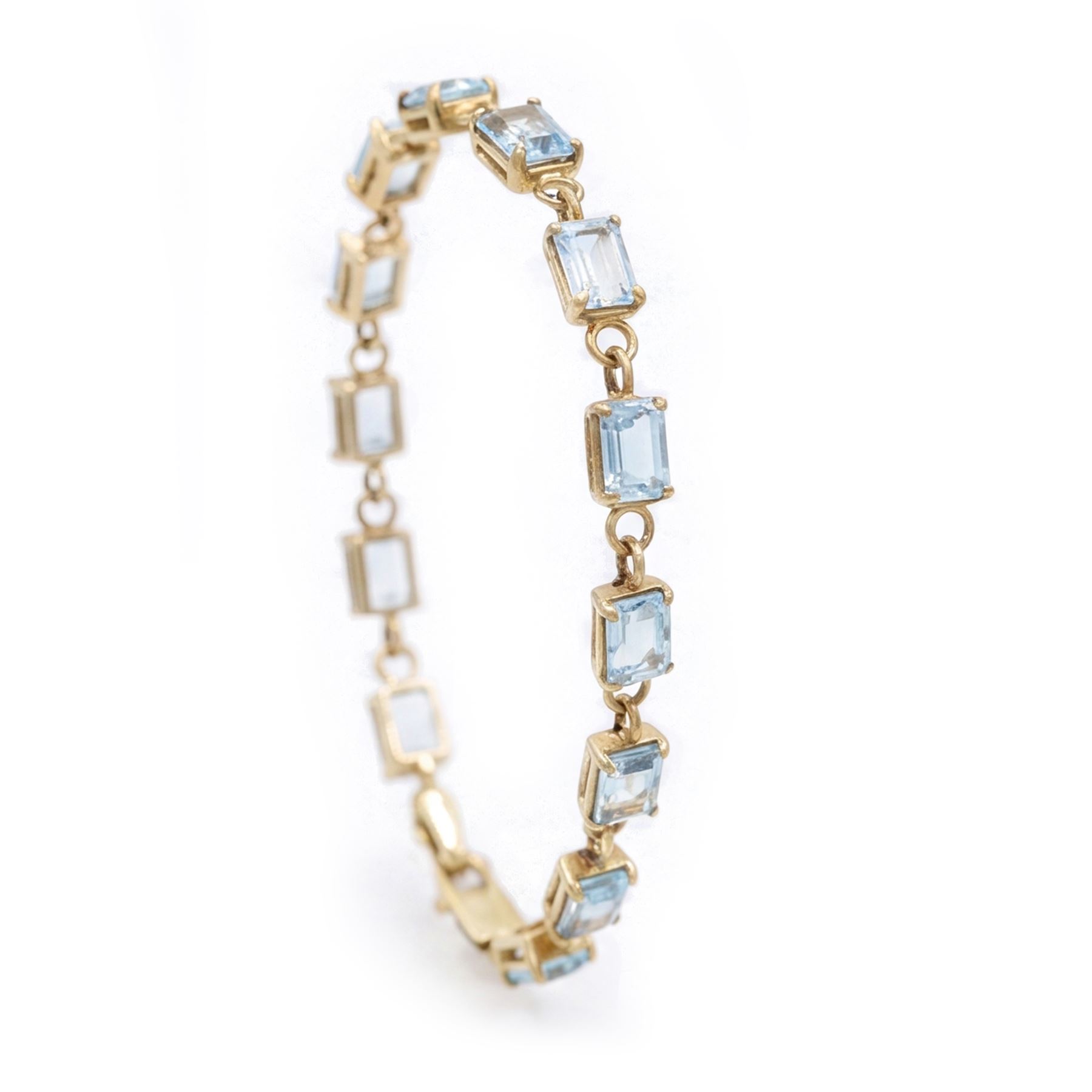 9ct gold Swiss blue topaz bracelet, set with thirteen rectangular cut topaz's, hallmarked